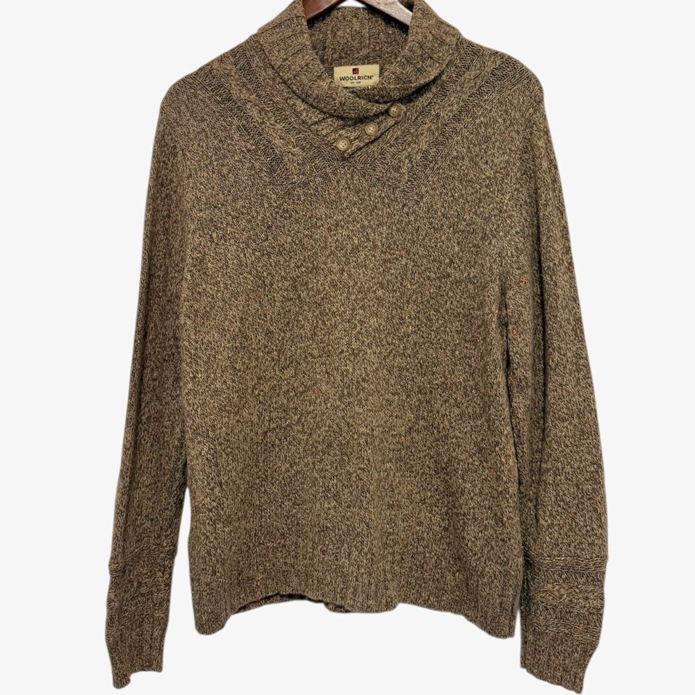 Woolrich Cable Knit Button Collar Sweater Ramie Wool Blend Brown Size Large
